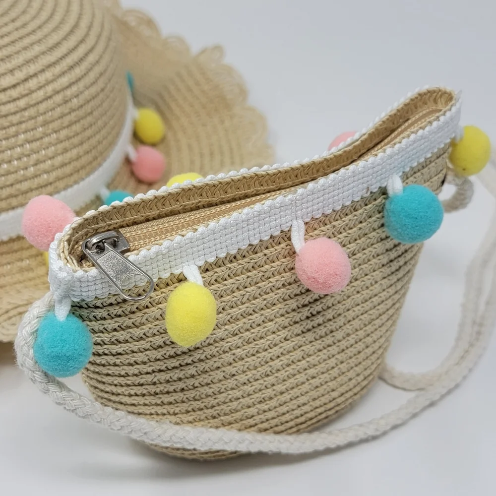 Kids Straw & Pastel Pom Pom Summer Hat & Matching Mini Purse Set